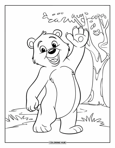 Coloriage d'ours brun pour enfants : Un ours souriant agite la patte debout dans l'herbe près d'un arbre simple