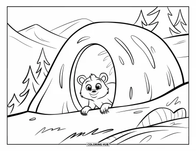 Coloriage d'ours brun pour enfants : Un petit ours passe la tête par l'entrée d'une grotte ronde sur une colline tranquille