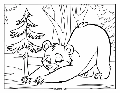 Coloriage d'ours brun pour enfants : Un ours joueur s'étire près d'un pin dans une forêt tranquille