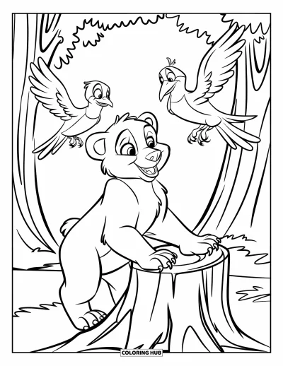 Coloriage d'ours brun pour enfants : Un ourson espiègle tend les pattes vers des oiseaux perchés sur une souche