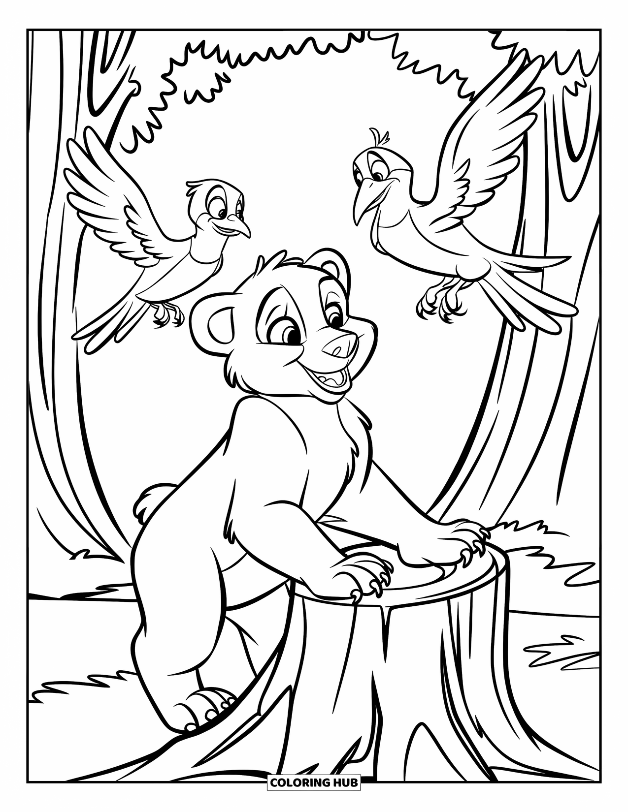 Brown Bear Coloring Page for Kids: A playful cub reaches for birds perched on a tree stump