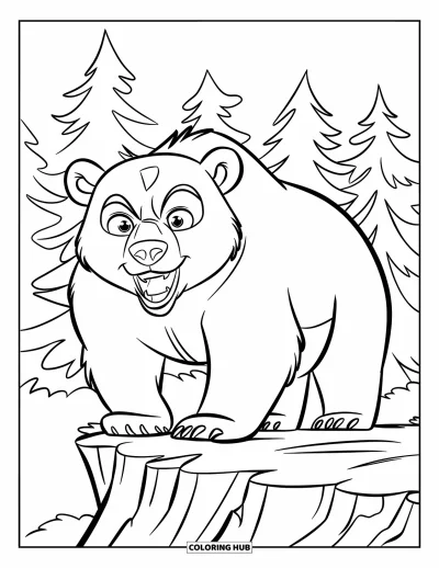 Coloriage d'ours brun pour enfants : Un ours rugissant se dresse fièrement sur une falaise parmi de grands pins