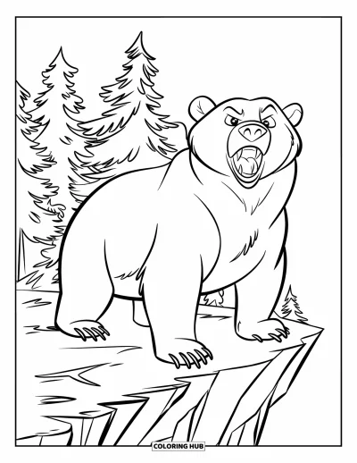 Coloriage d'ours brun pour enfants : Un ours rugissant se dresse fièrement sur une falaise avec des pins derrière lui
