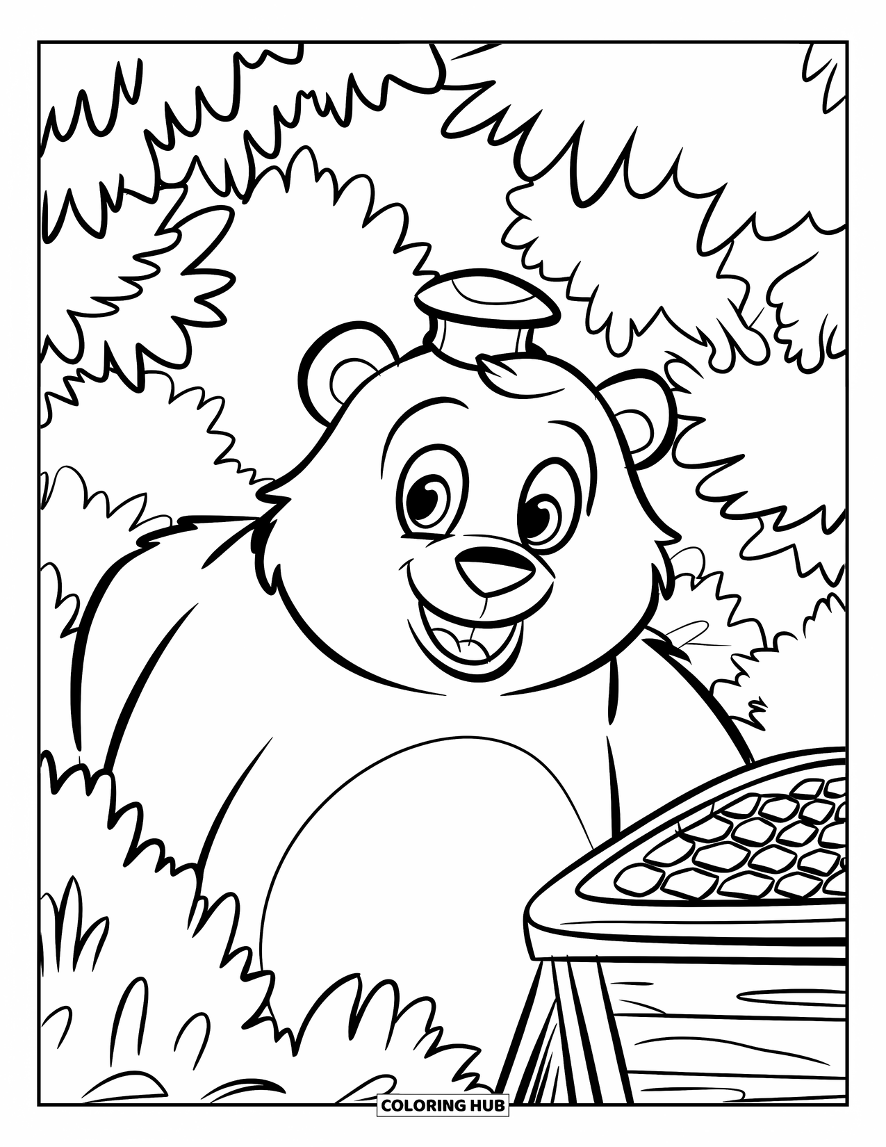 Brown Bear Coloring Page for Kids: A round bear in a tiny hat looks for honey near a wooden hive