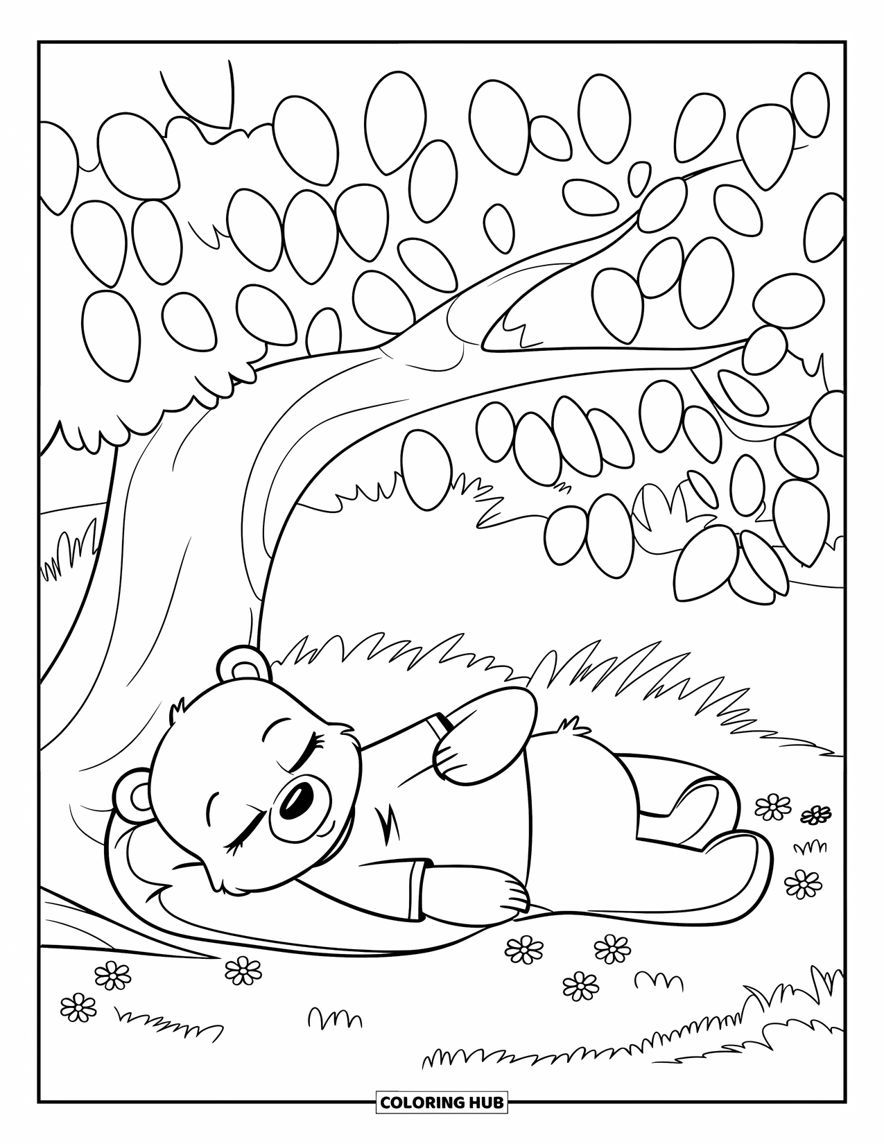 Brown Bear Coloring Page for Kids: A sleepy bear in a red shirt naps under a tree with flowers nearby
