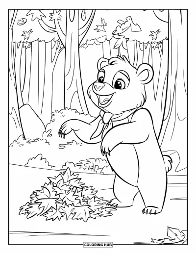 Coloriage d'ours brun pour enfants : Un ours souriant en écharpe rouge se tient parmi les feuilles d'automne craquantes