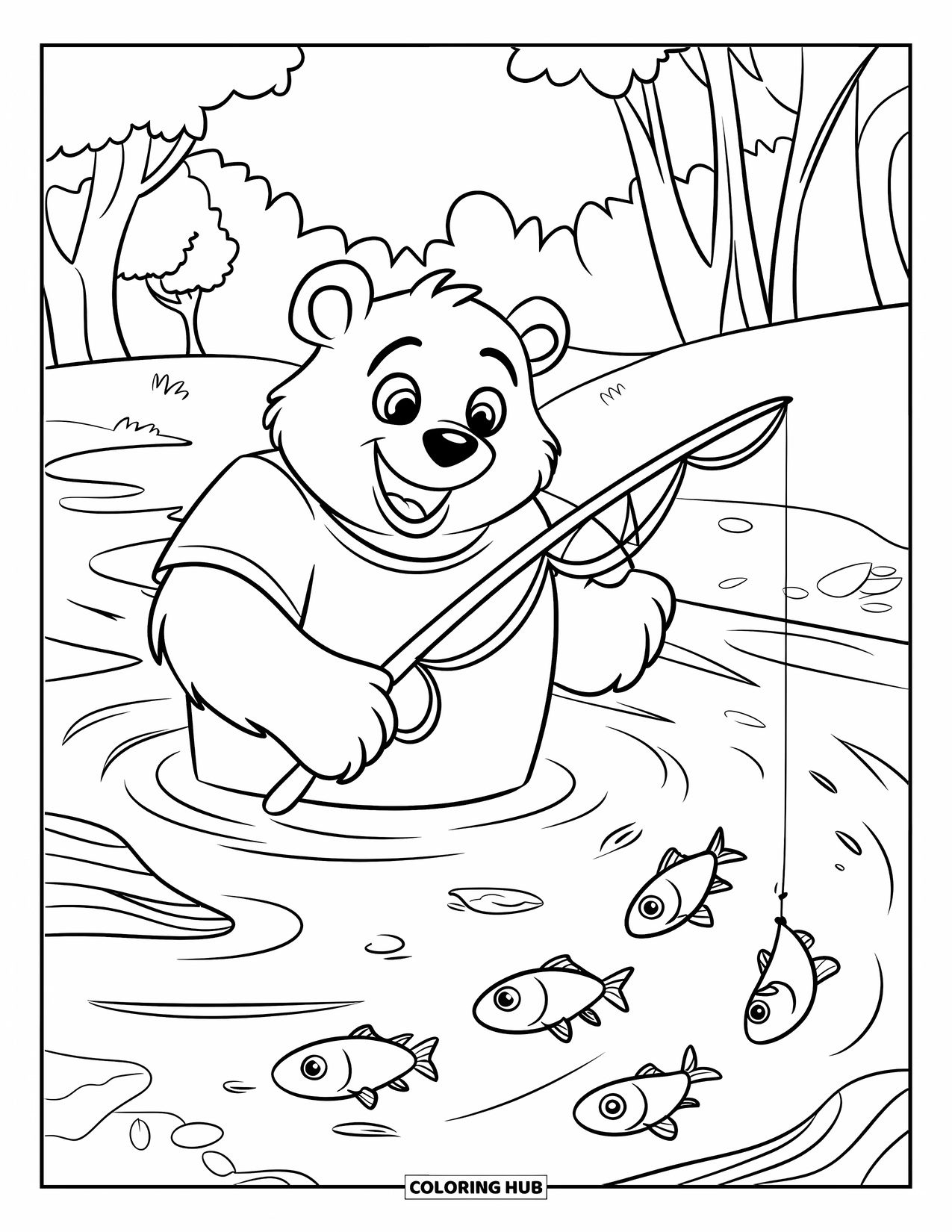 Brown Bear Coloring Page for Kids: A smiling bear in a red shirt fishes in a lively forest stream