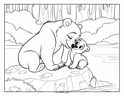Coloriage d'ours brun pour enfants : Une maman ours souriante pousse doucement son ourson au bord d'un lac paisible