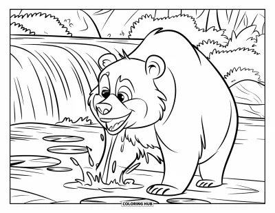 Coloriage d'ours brun pour enfants : Un ours souriant s'ébroue près d'une cascade avec des nénuphars qui flottent alentour