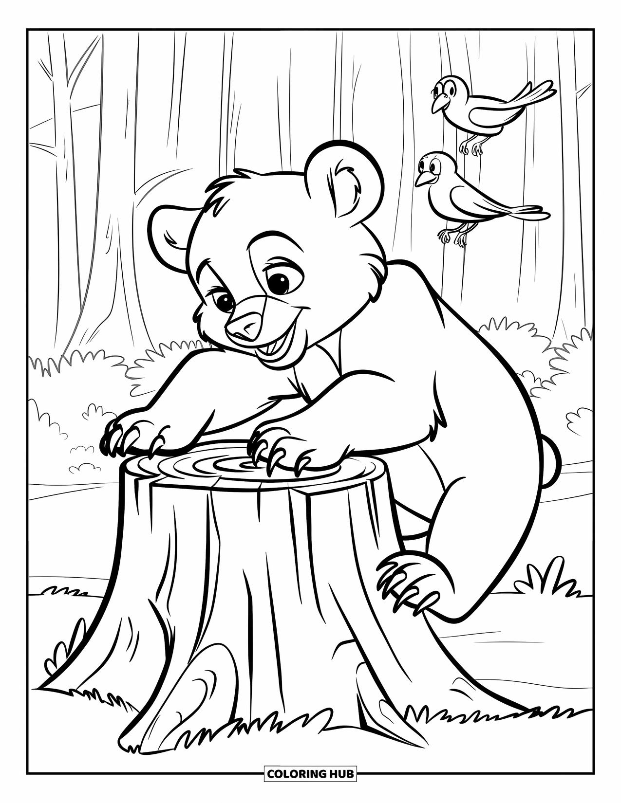 Brown Bear Coloring Page for Kids: A smiling cub climbs a stump with birds watching from above