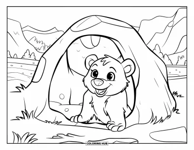 Coloriage d'ours brun pour enfants : Un ours aux grands yeux passe la tête hors d'une grotte dans une forêt de montagne paisible
