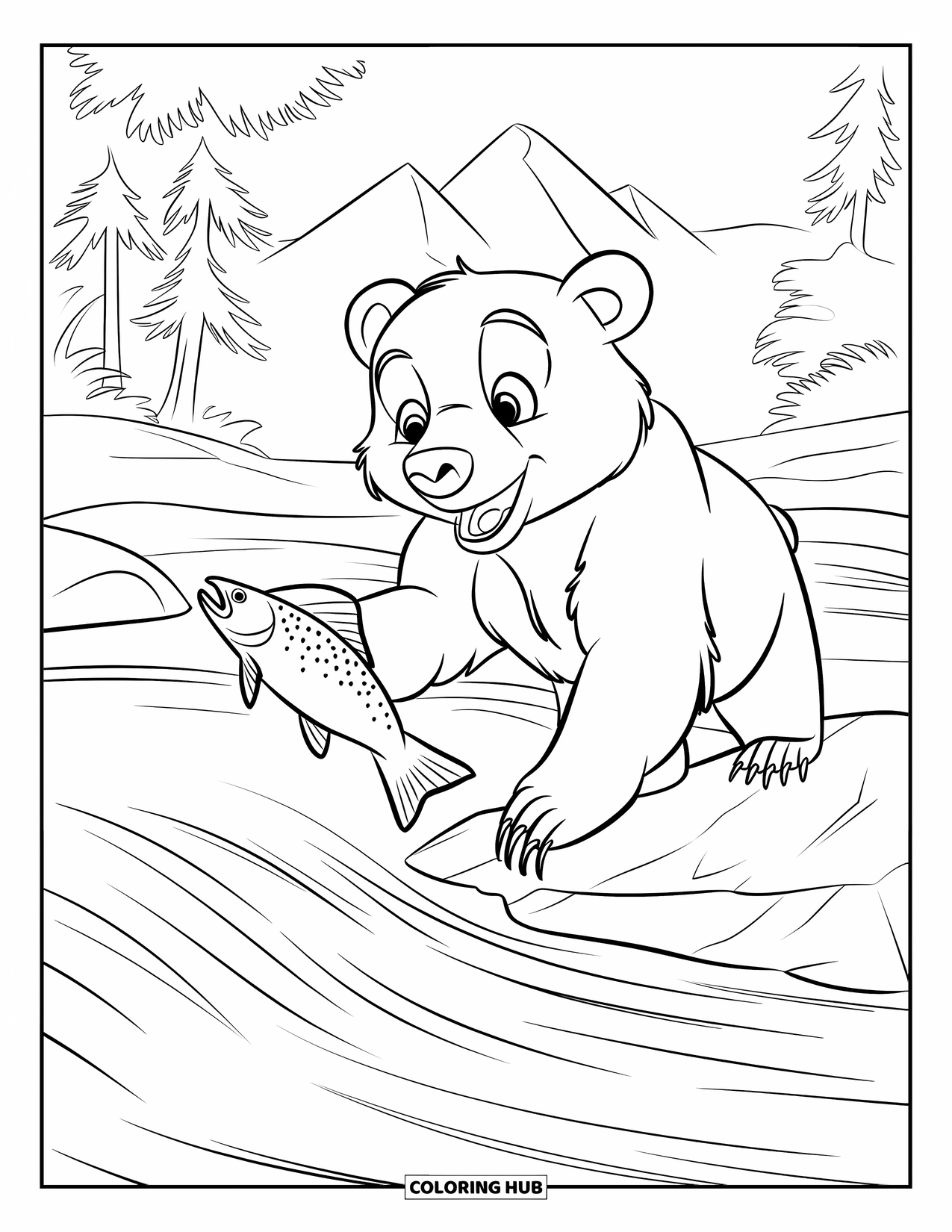 Brown Bear Coloring Page for Kids: A young bear catches a salmon in mid-air above a rushing river
