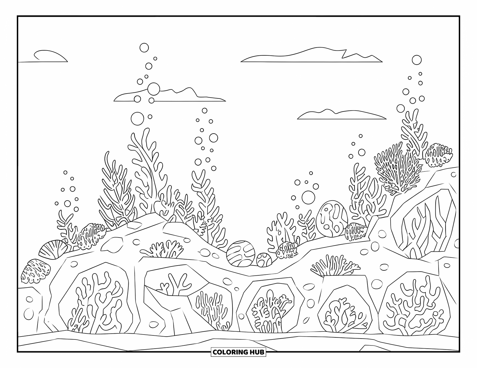 Bubble Coloring Page for Adults: Air bubbles rise from sea plants and caves in a lively coral reef