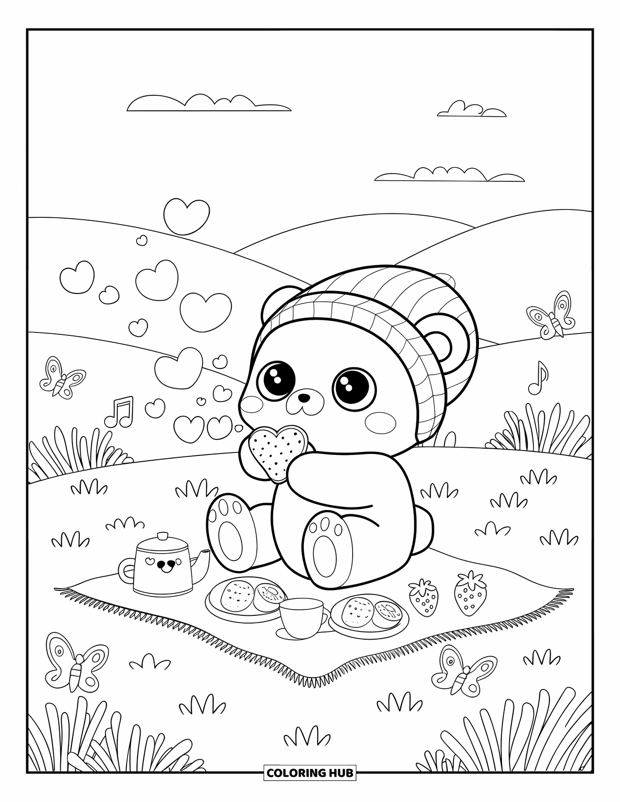 Bubble Coloring Page for Adults: Bear in a striped hat blows heart bubbles near tea, snacks, and gentle hills