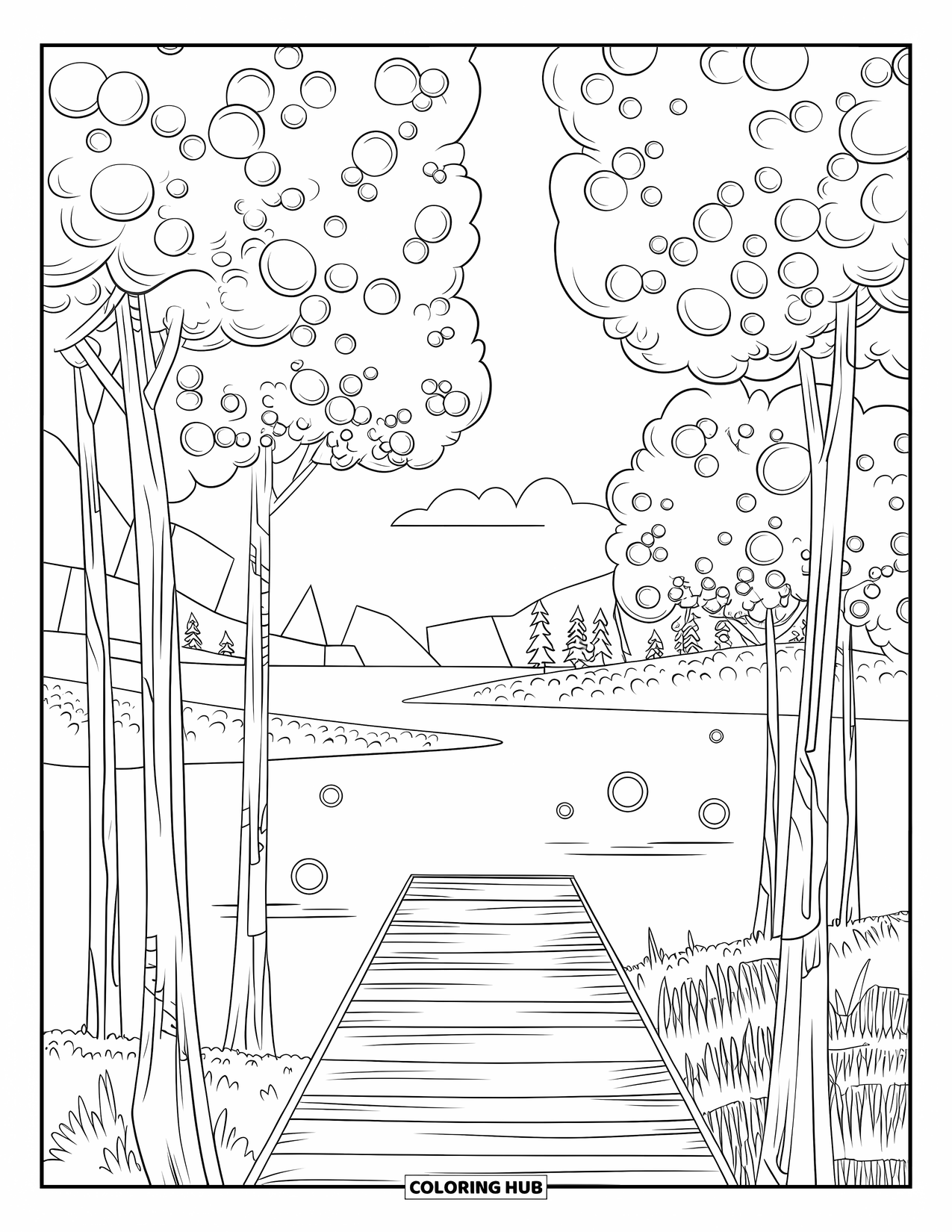 Bubble Coloring Page for Adults: Bubble-petal flower stands in a vase on a wooden surface with patterns all around