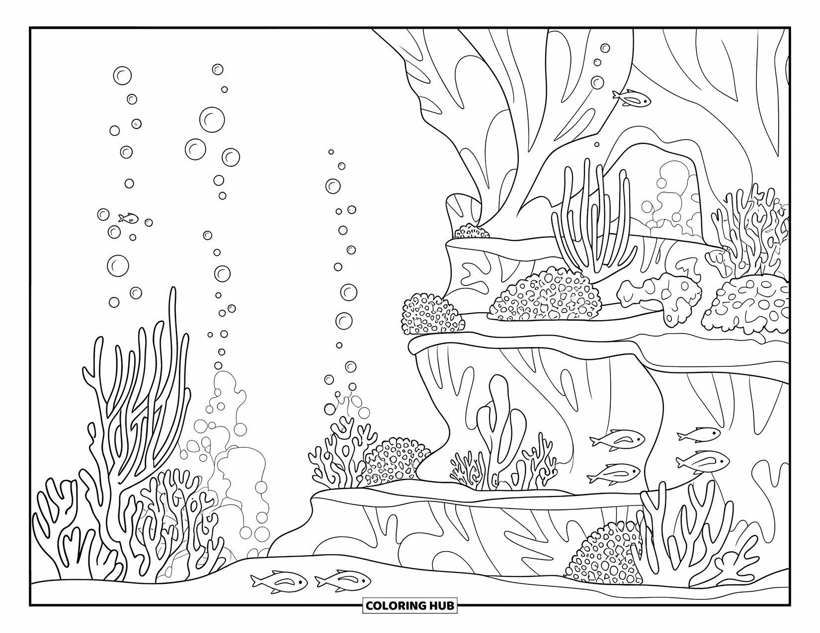 Bubble Coloring Page for Adults: Bubbles float through coral and sea plants with caves and fish nearby