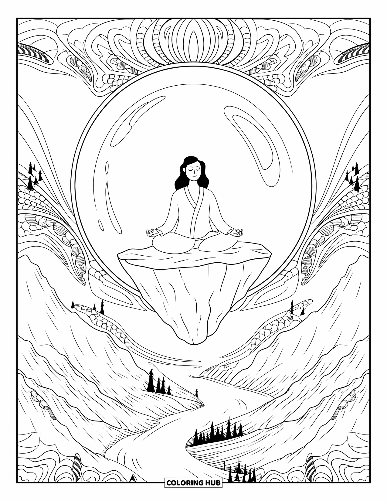 Bubble Coloring Page for Adults: Bubbles rise as waves meet a shore wrapped in leafy vines and mountains