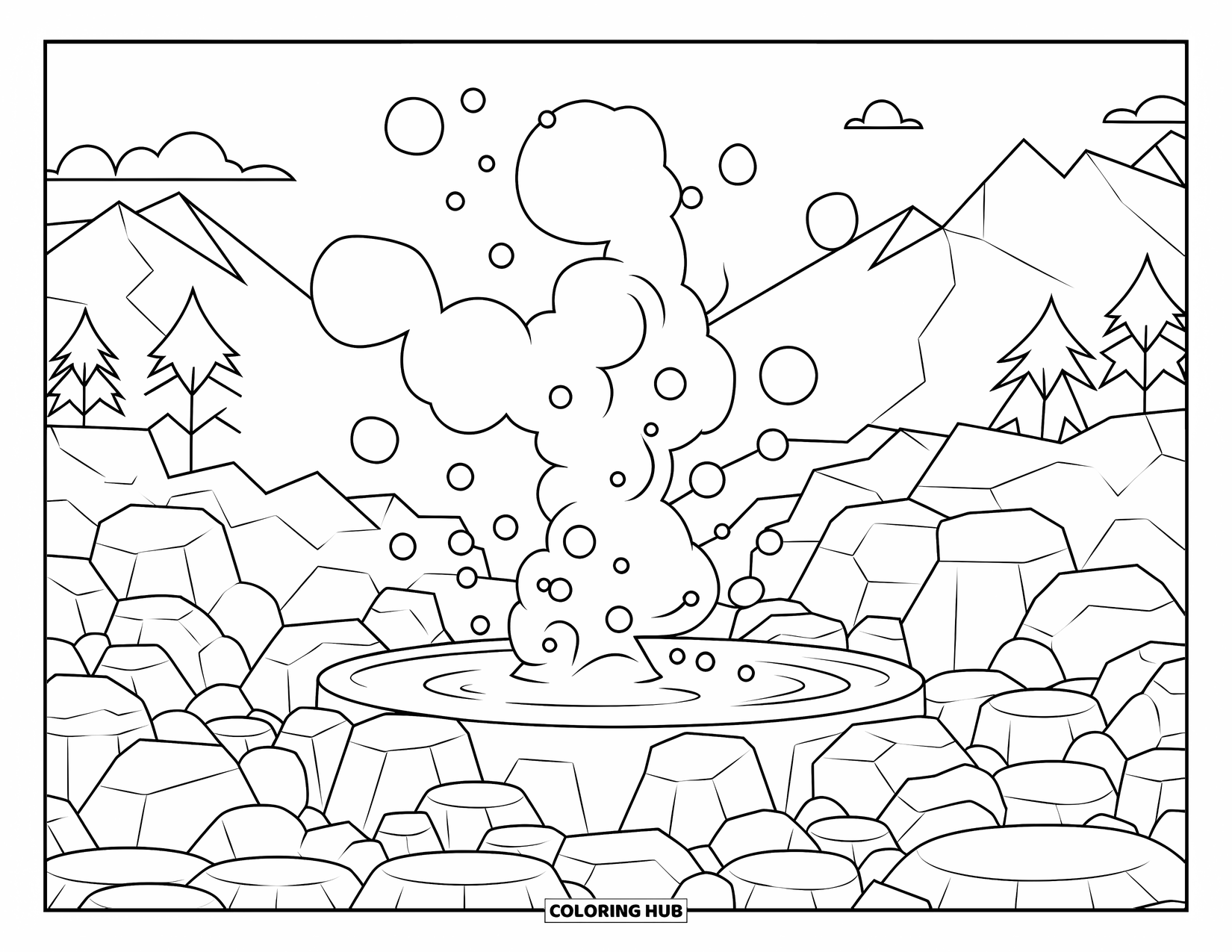 Bubble Coloring Page for Adults: Bubbling hot spring steams gently with bubbles rising among rocks and trees