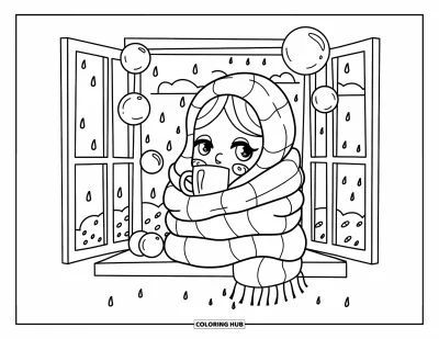Kolorowanka z bąbelkami dla dorosłych: Postać chibi w szaliku delektuje się ciepłym napojem, gdy bąbelki dryfują przy deszczowym oknie