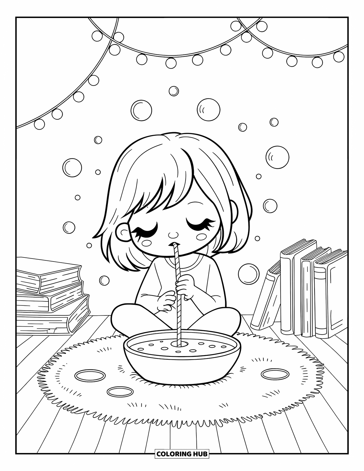 Bubble Coloring Page for Adults: Chibi girl blows bubbles into soapy water as string lights twinkle above