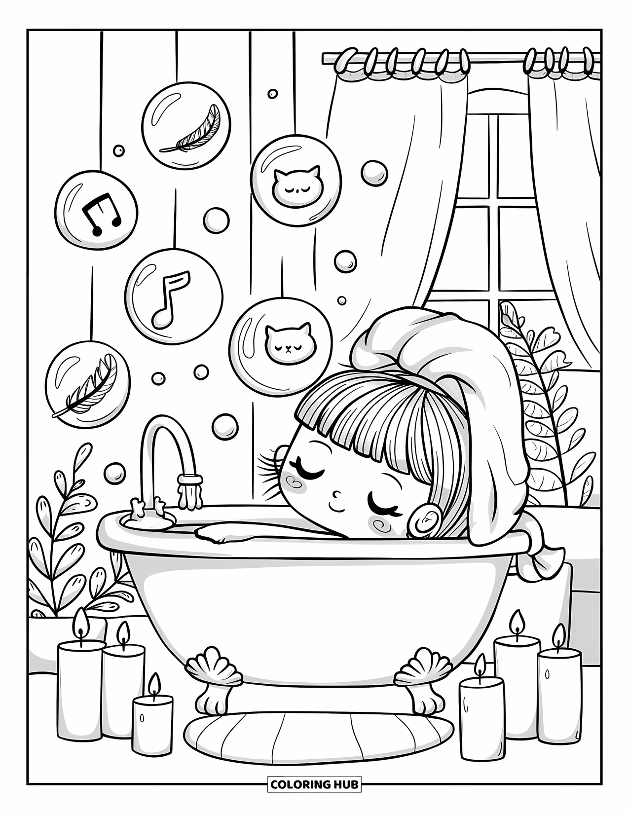 Bubble Coloring Page for Adults: Chibi girl with towel hair rests in a bath with peaceful bubble symbols nearby
