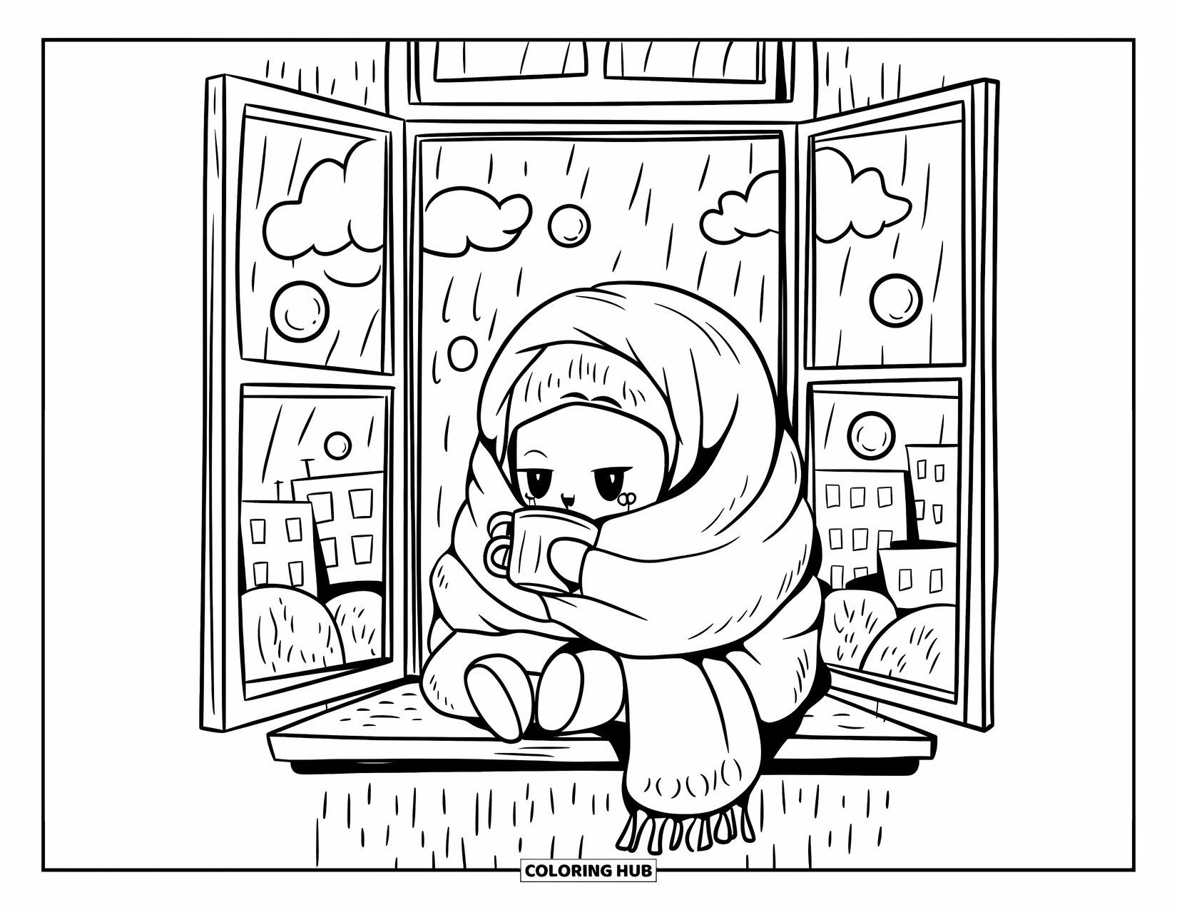 Bubble Coloring Page for Adults: Cozy chibi character sips from a mug, watching bubbles float outside on a rainy day
