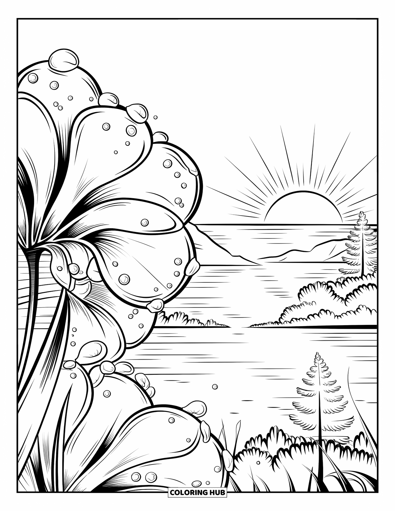 Bubble Coloring Page for Adults: Flower with bubble-like dewdrops glows at sunrise near peaceful mountains and trees