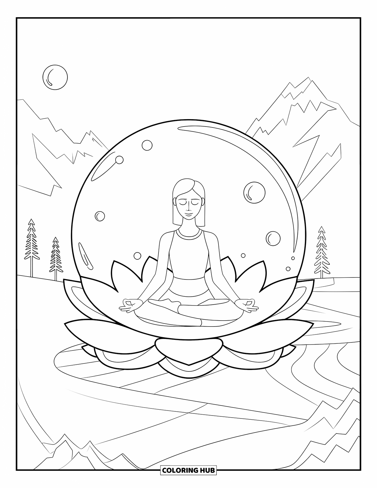Bubble Coloring Page for Adults: Flowing waves and bubbles meet the beach in a calm, detailed scene