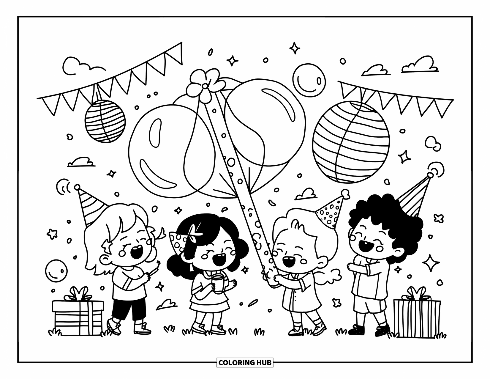 Bubble Coloring Page for Adults: Four chibi kids play with a giant bubble wand at a cheerful birthday party