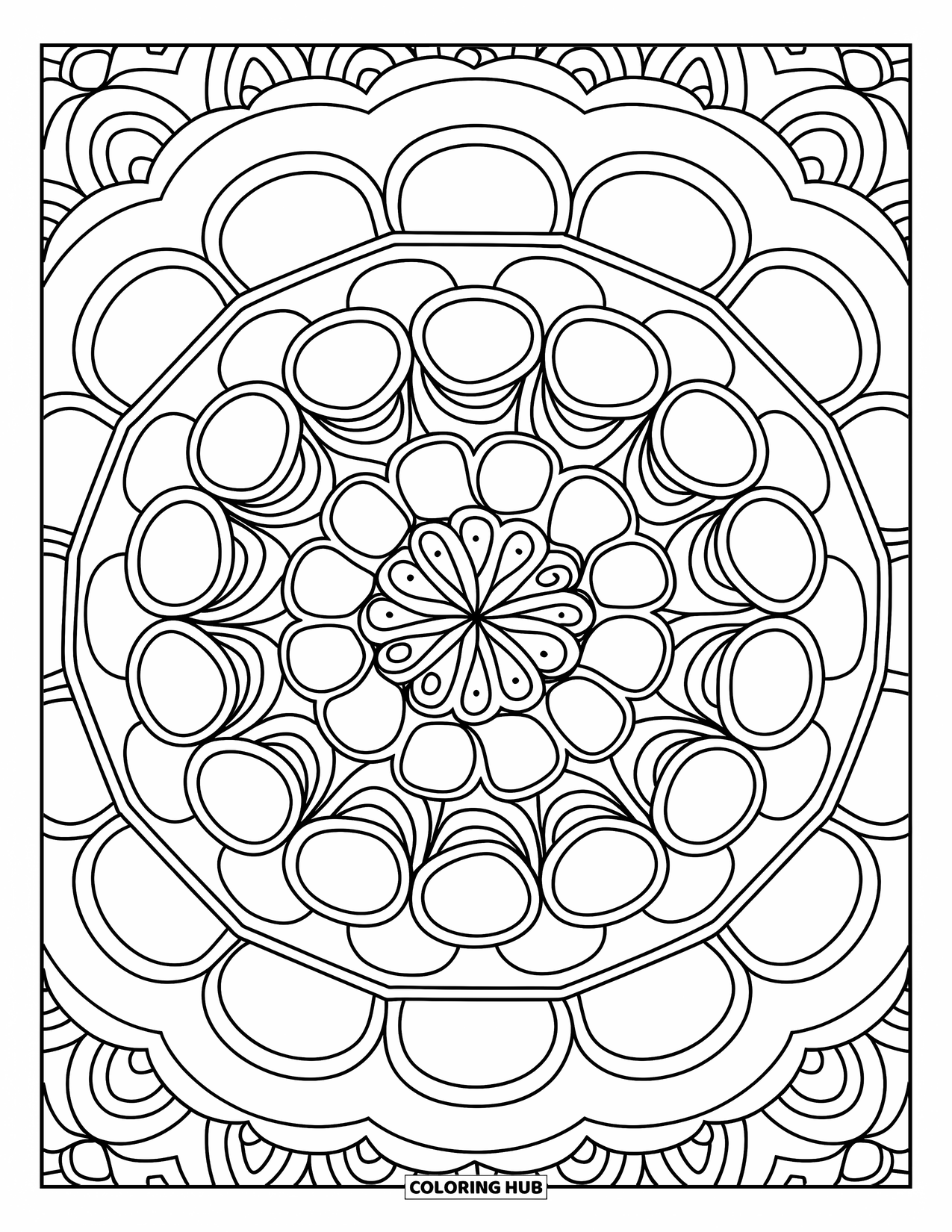 Bubble Coloring Page for Adults: Intricate bubble mandala with layered circles fills the center of the page