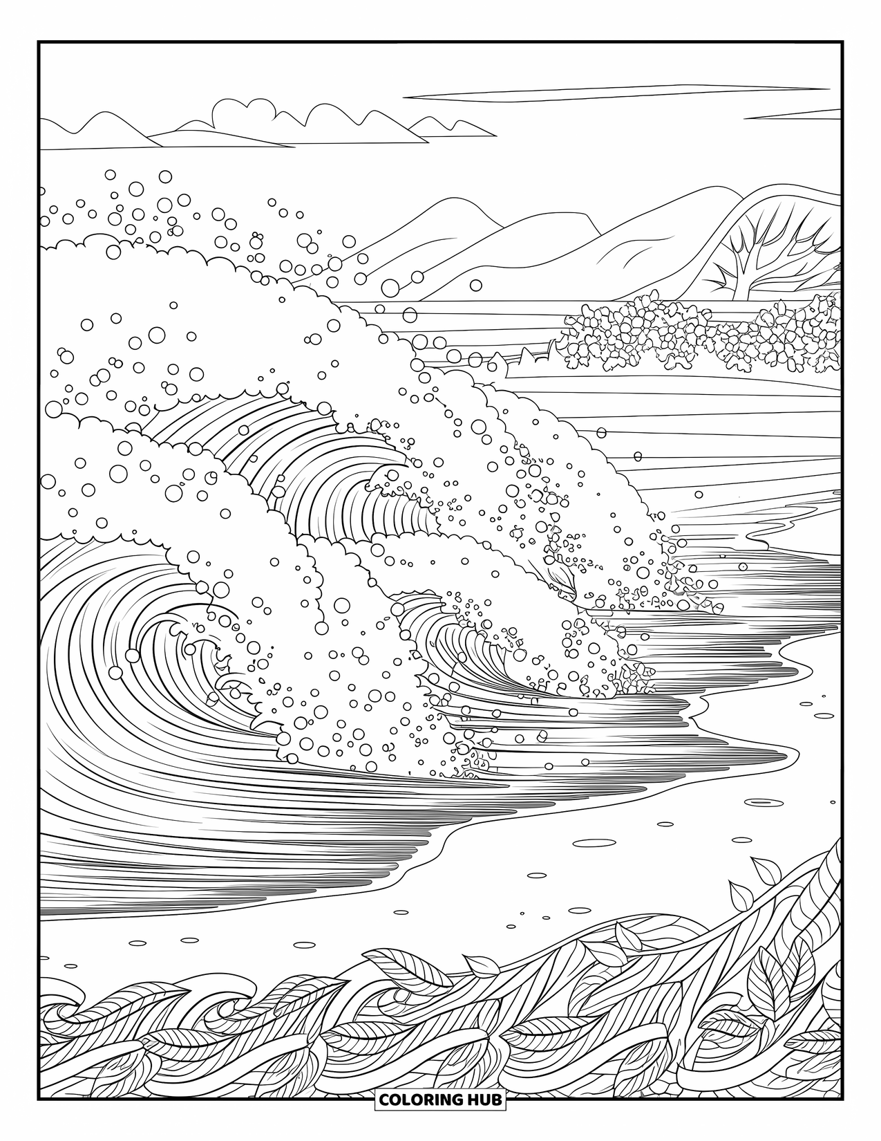 Bubble Coloring Page for Adults: Intricate waves and bubbles meet a shore framed by vines, trees, and mountains