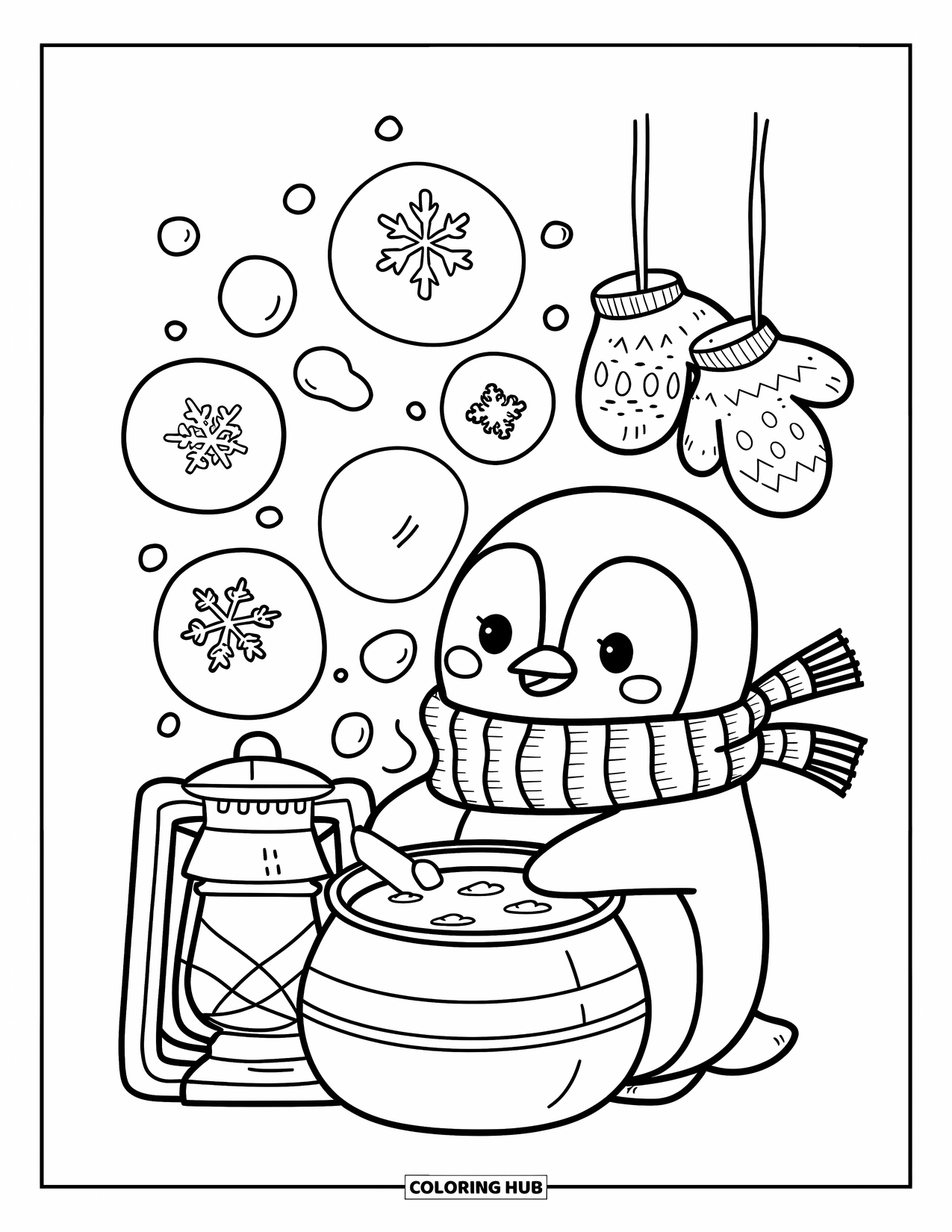 Bubble Coloring Page for Adults: Penguin gently stirs a pot as wintery bubbles float under a glowing lantern