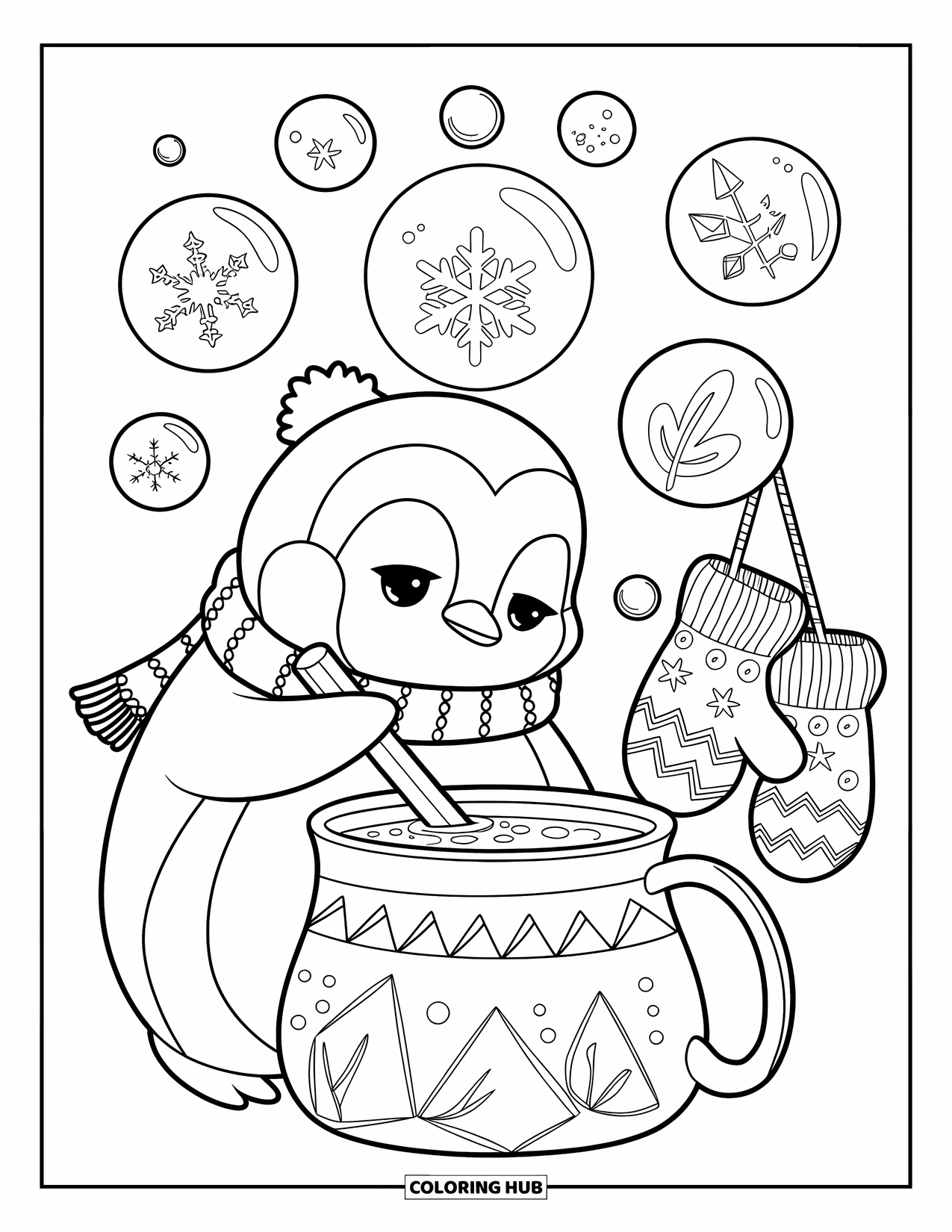 Bubble Coloring Page for Adults: Penguin in a scarf stirs a cozy pot while snowy bubbles rise beside hanging mittens