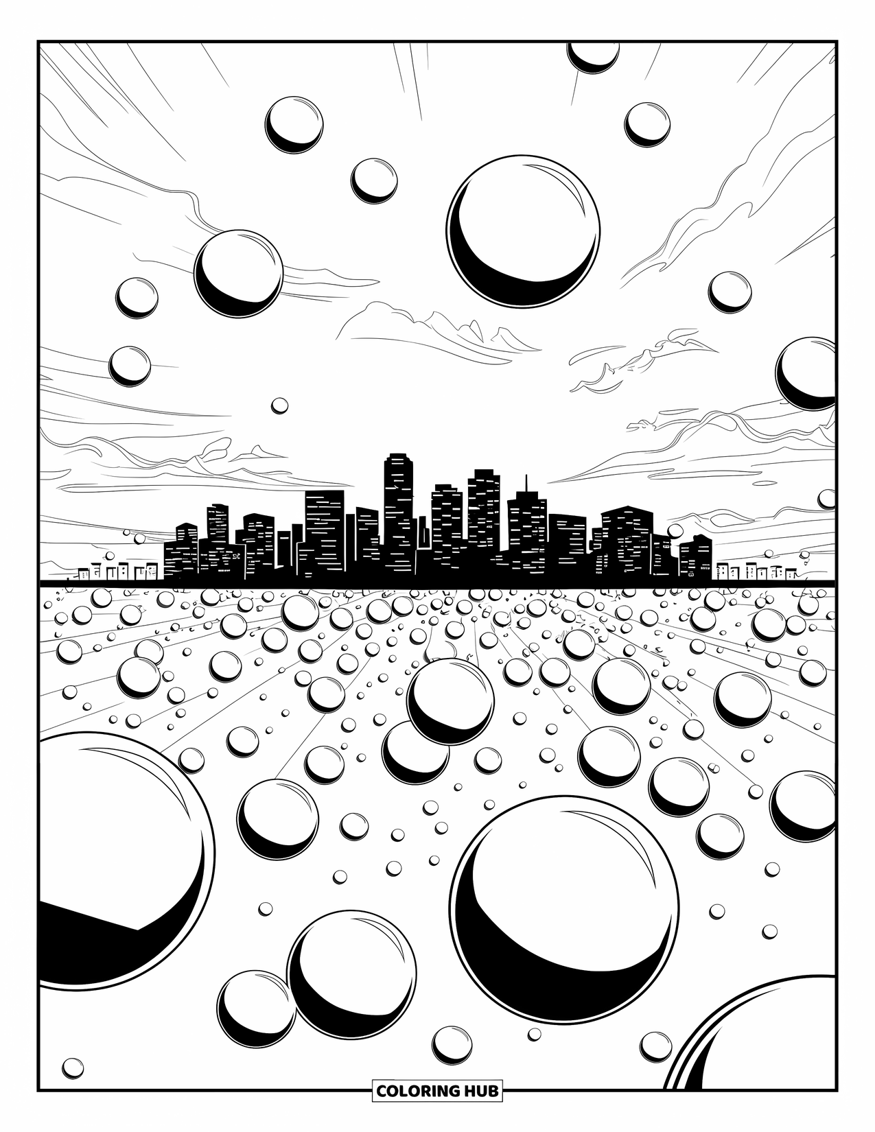 Bubble Coloring Page for Adults: Soft river ripples around bubble stones near trees, plants, and fluffy clouds
