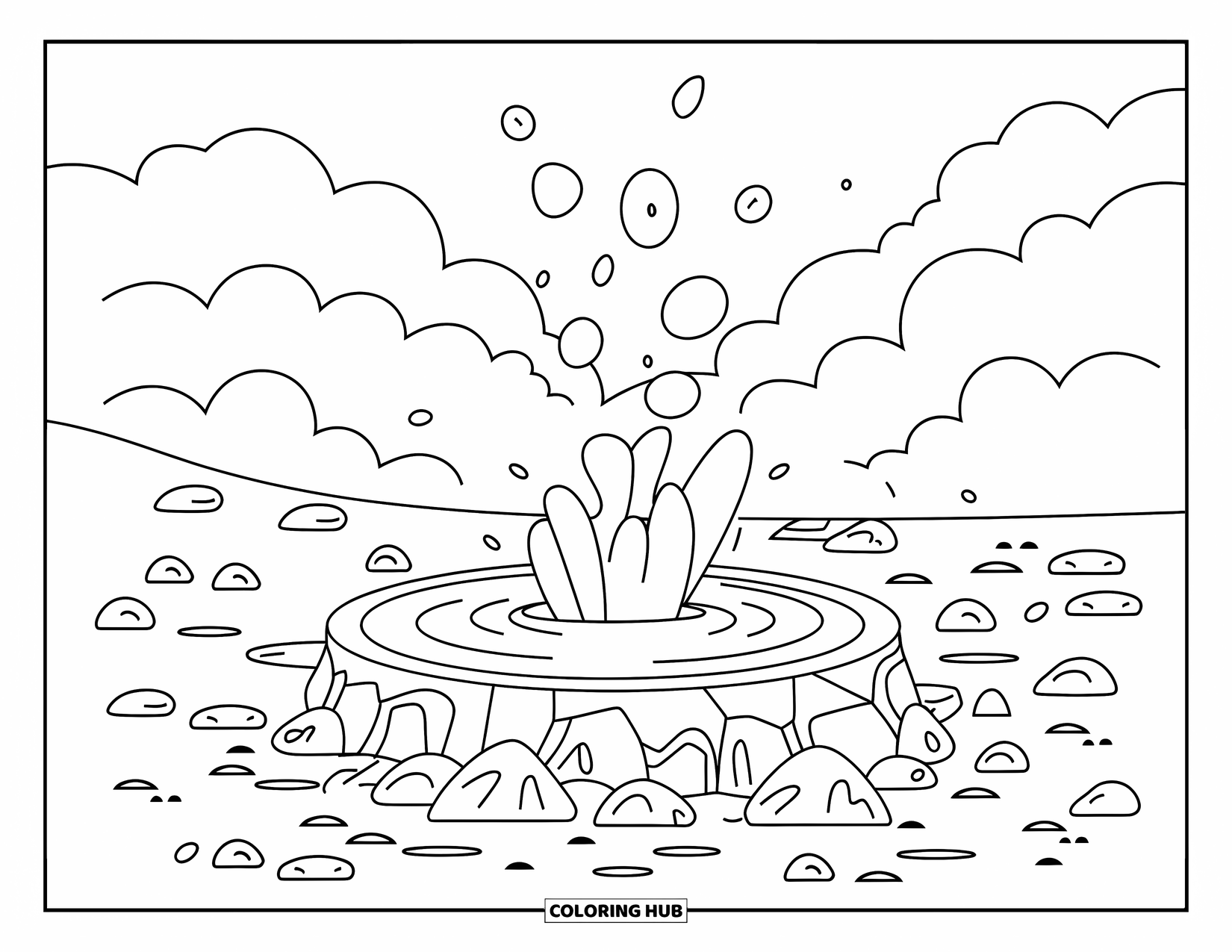 Bubble Coloring Page for Adults: Steam rises from a hot spring as bubbles float above rocks and greenery