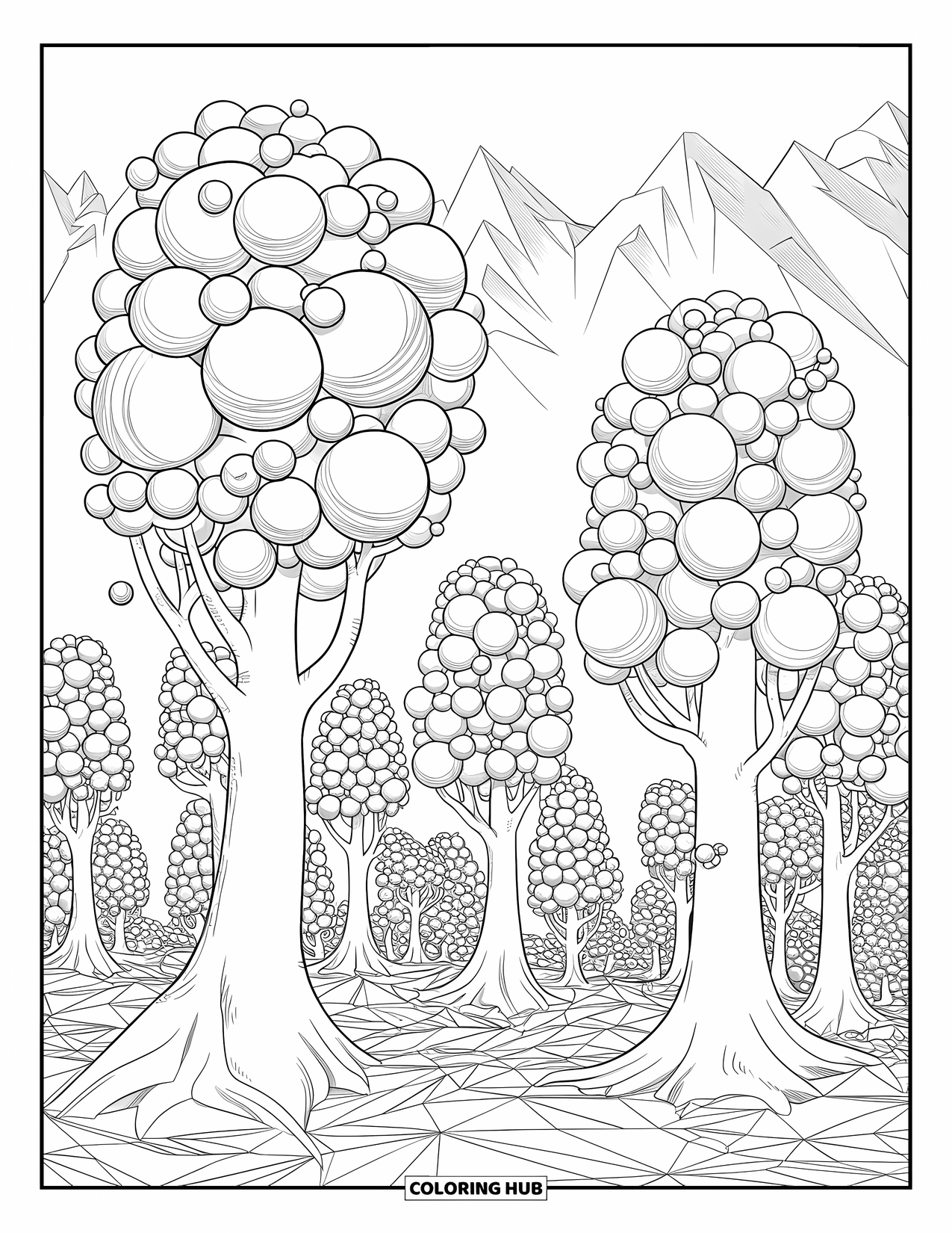 Bubble Coloring Page for Adults: Tall forest trees hold clusters of bubbles instead of leaves, with mountains in the distance