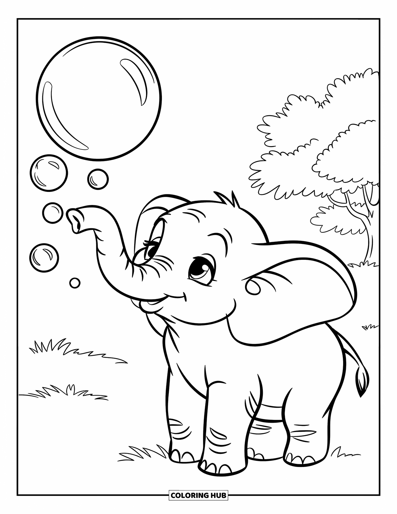 Bubble Coloring Page for Kids: Baby elephant stands in a field, blowing big bubbles from its trunk