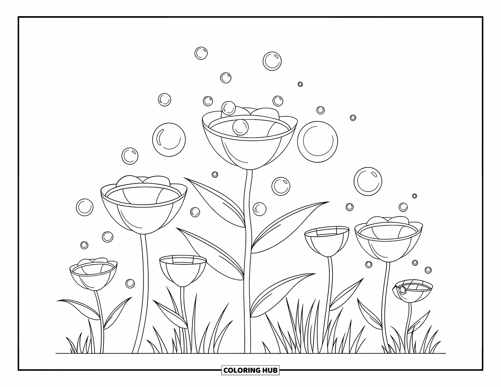 Bubble Coloring Page for Kids: Bubble flowers bloom and float bubbles through a magical garden with trees and a winding path