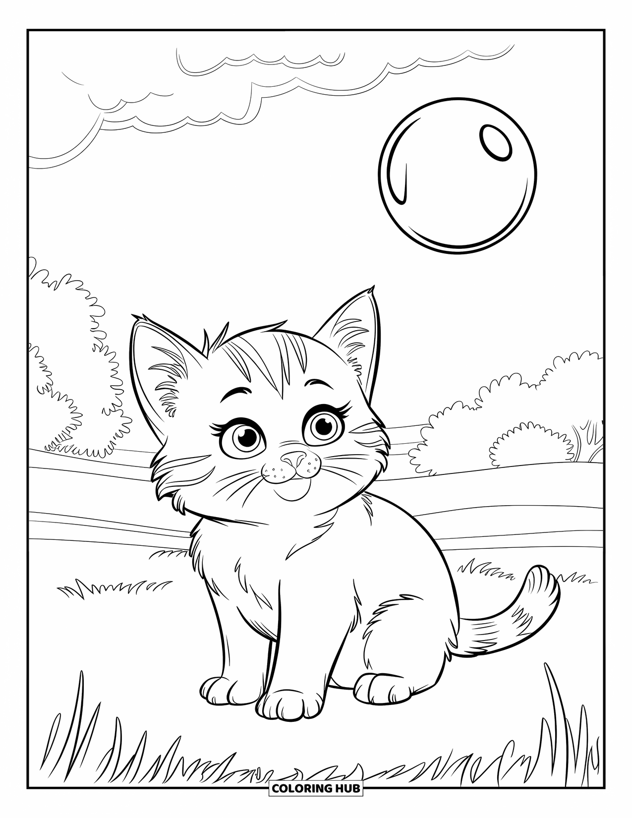 Bubble Coloring Page for Kids: Chubby kitten watches a single bubble drift across a grassy field