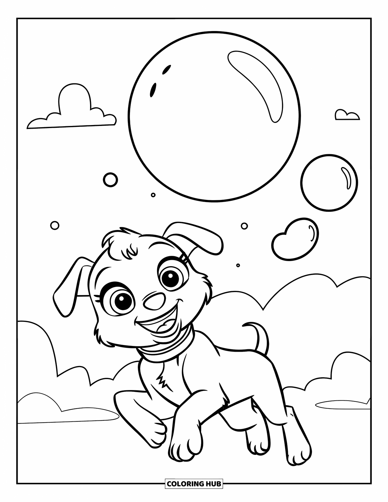 Bubble Coloring Page for Kids: Cute puppy with big eyes leaps toward a floating bubble under the clouds