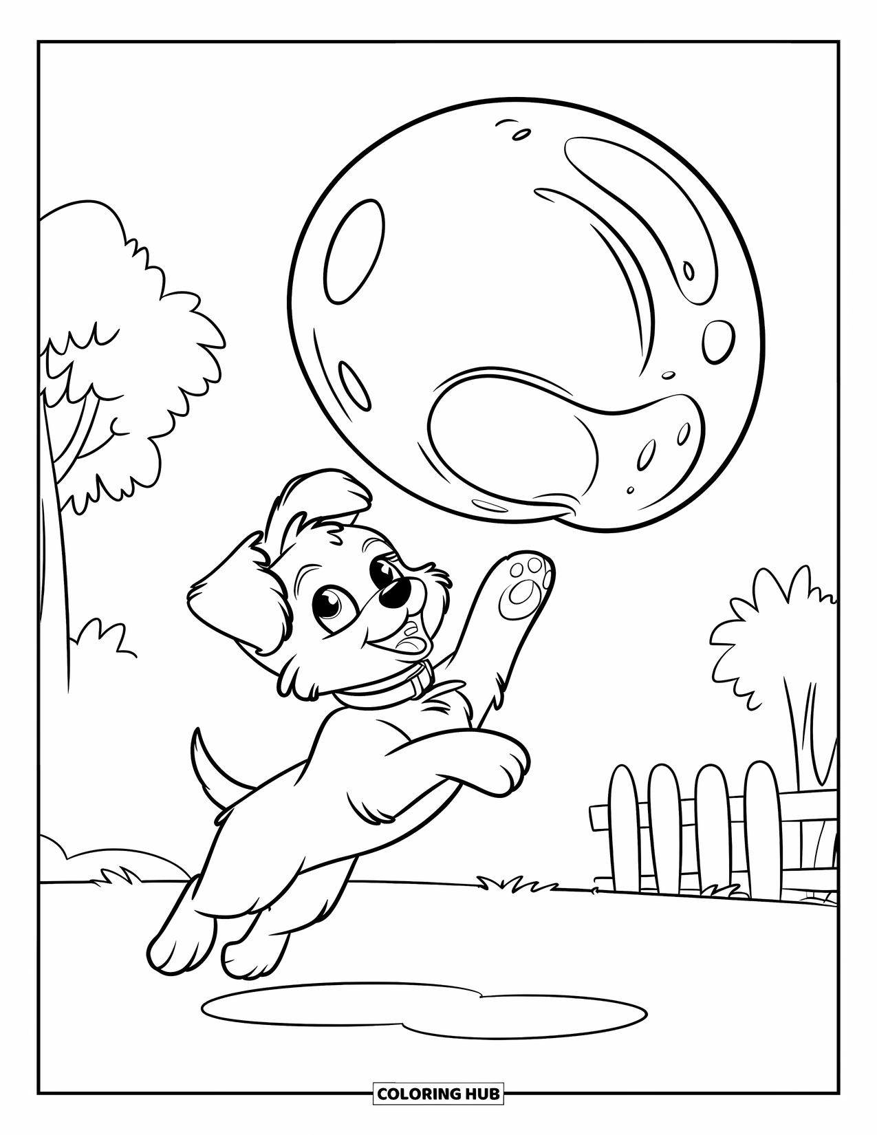Bubble Coloring Page for Kids: Fluffy puppy reaches for a large bubble near trees and a fence