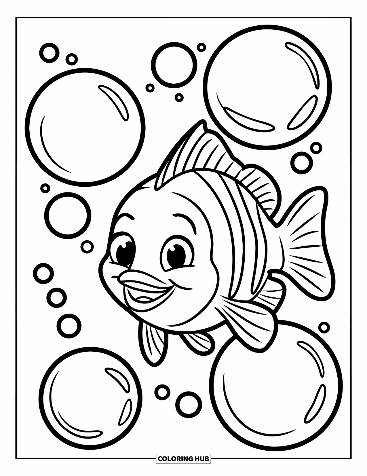 Bubble Coloring Page for Kids: Friendly fish swims near bubbles in a calm, open water setting