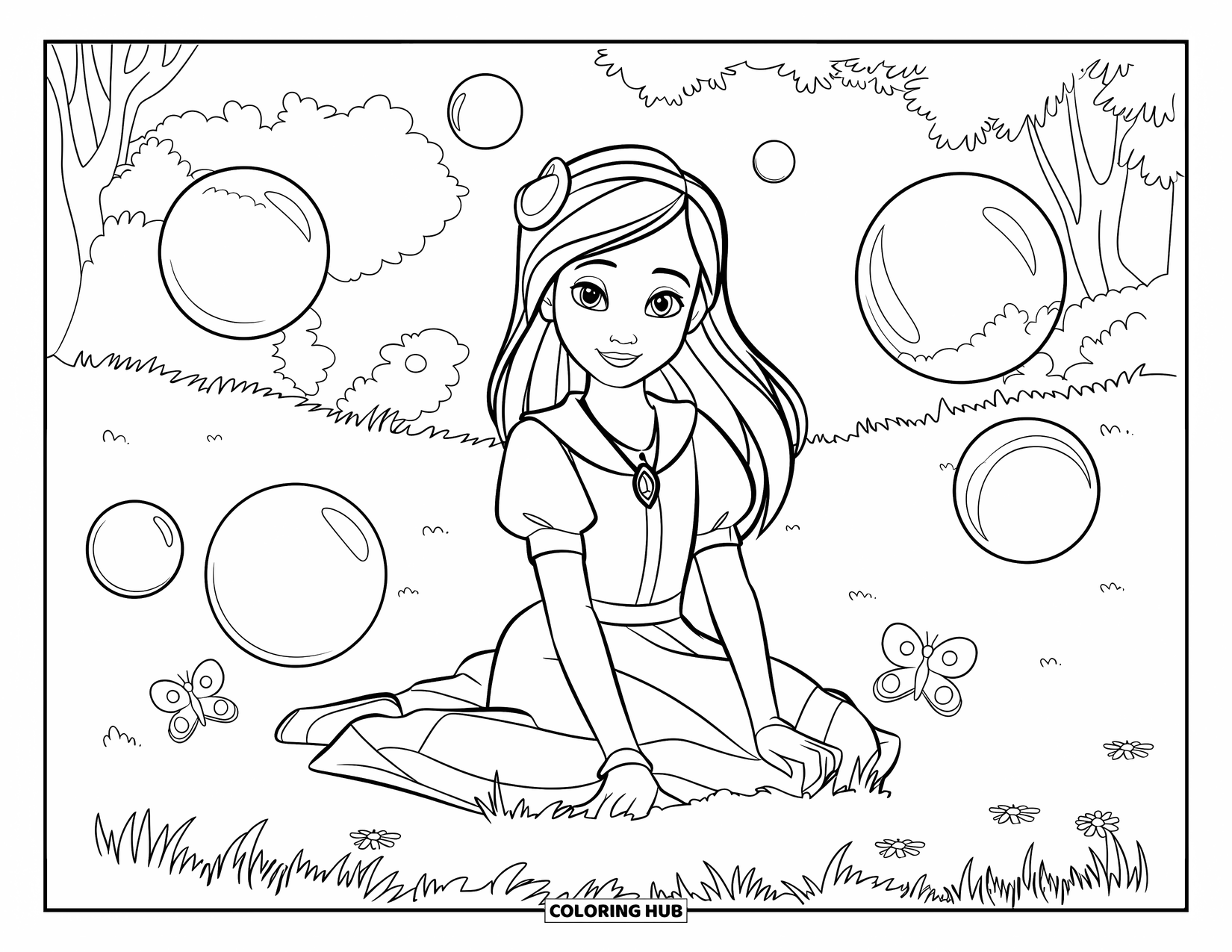 Bubble Coloring Page for Kids: Girl with long hair sits among flowers as bubbles and butterflies float through the trees