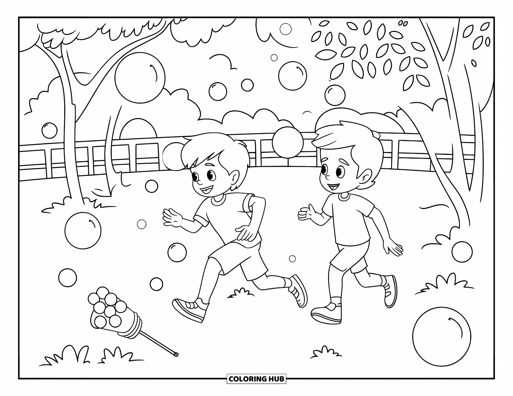 Bubble Coloring Page for Kids: Kids laugh and chase bubbles in a park near trees and a fence