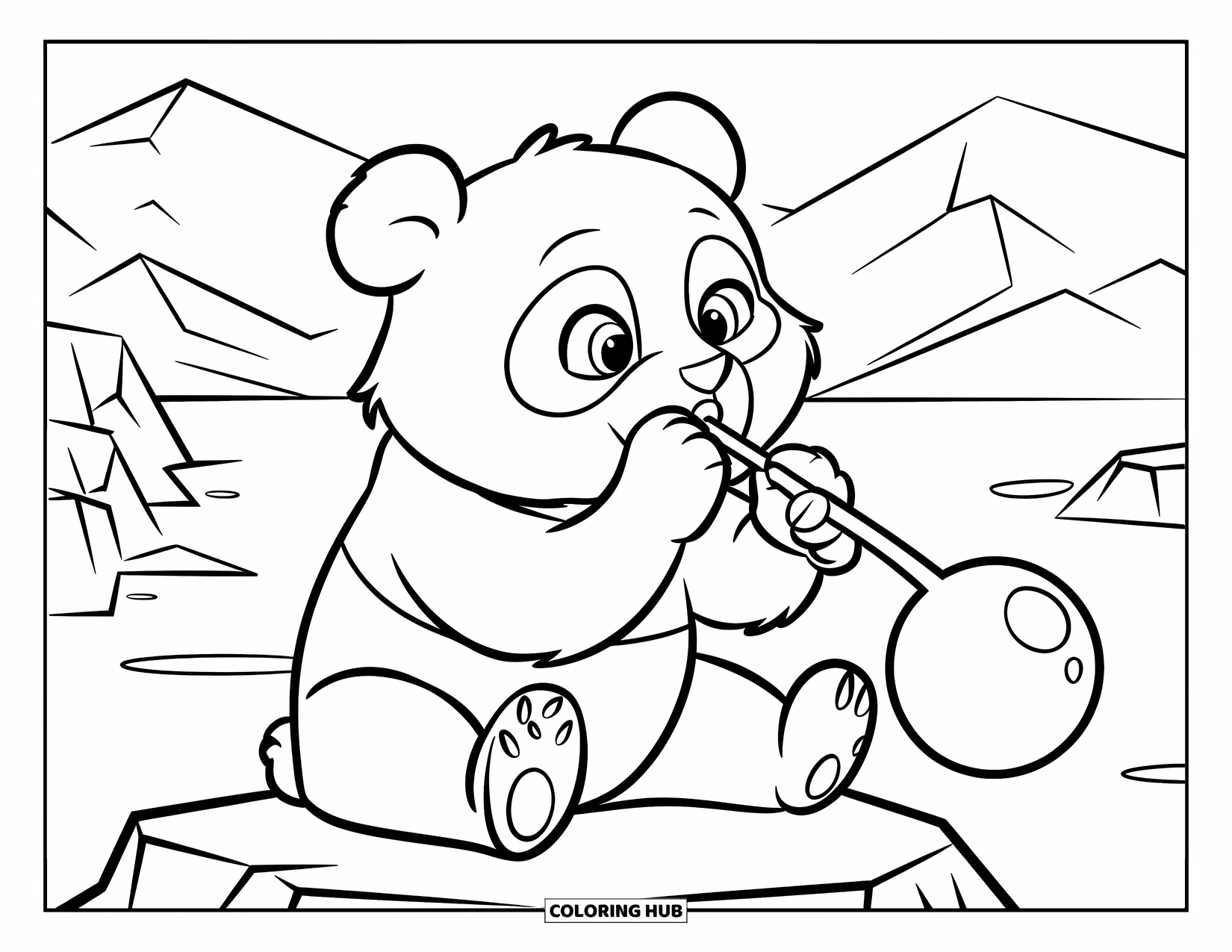 Bubble Coloring Page for Kids: Panda cub sits on a rock, blowing a bubble near water and mountains