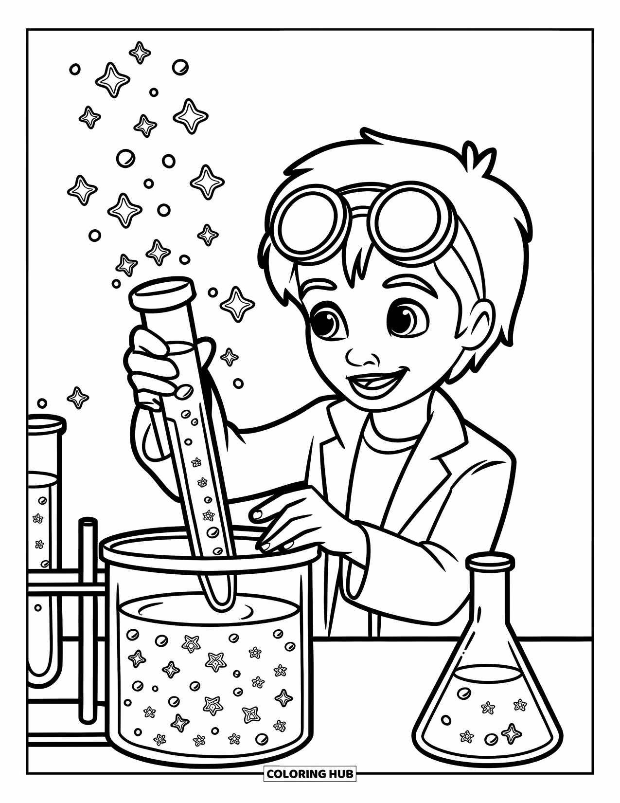 Bubble Coloring Page for Kids: Scientist in goggles creates bubbly magic from potions and test tubes