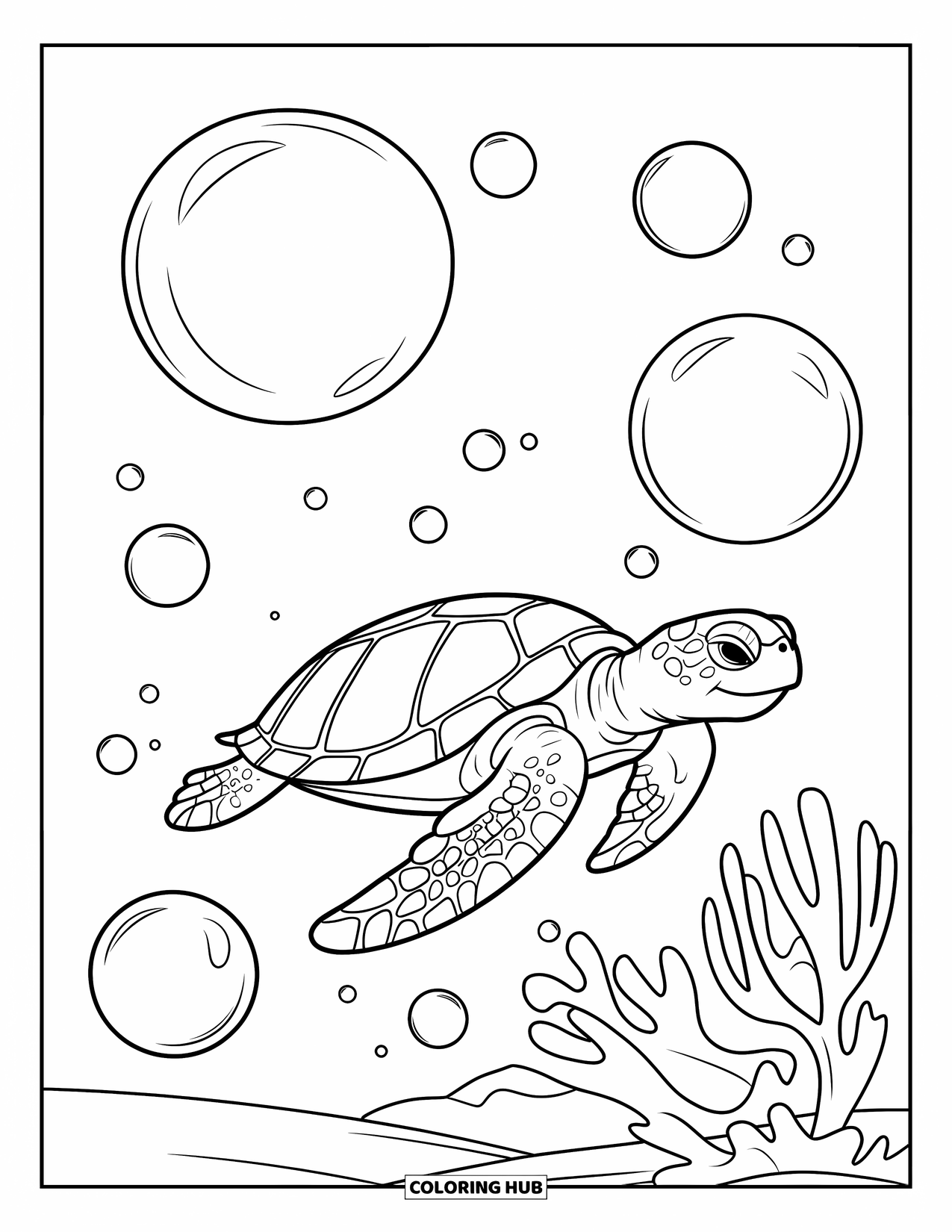 Bubble Coloring Page for Kids: Sea turtle drifts through bubbles near coral