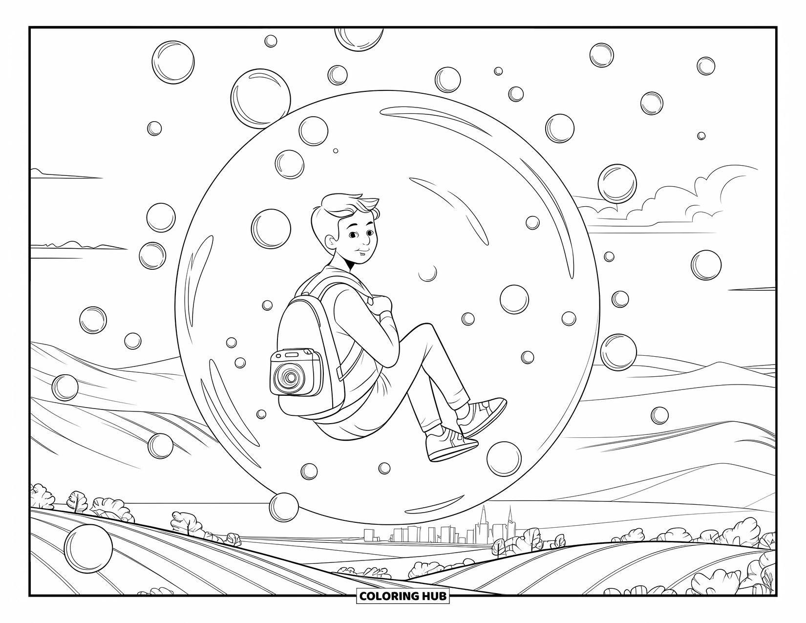 Bubble Coloring Page for Kids: Teen in a bubble drifts over hills and trees, surrounded by bubbles and a distant city