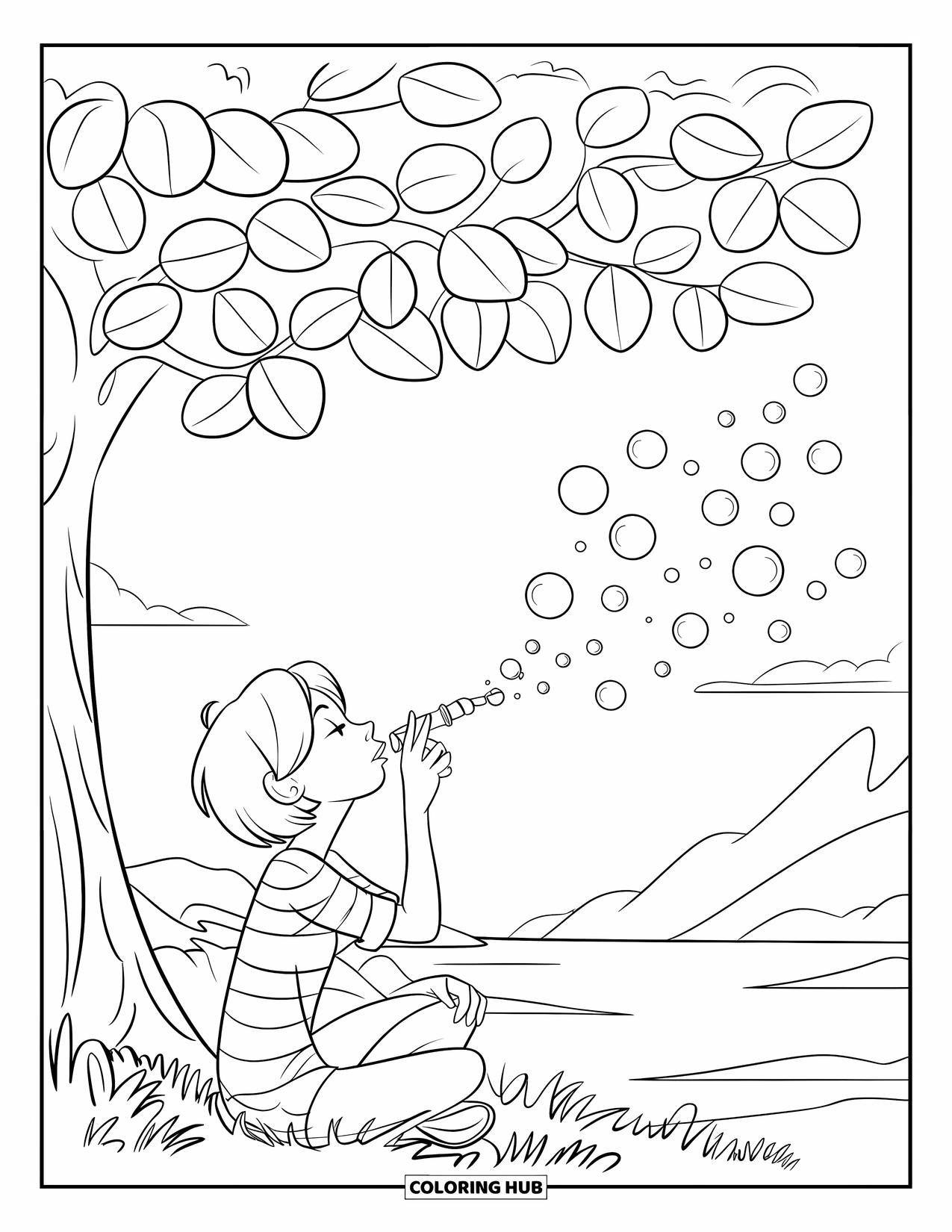 Bubble Coloring Page for Kids: Teenager relaxes under a tree, blowing bubbles into the breeze near water and mountains