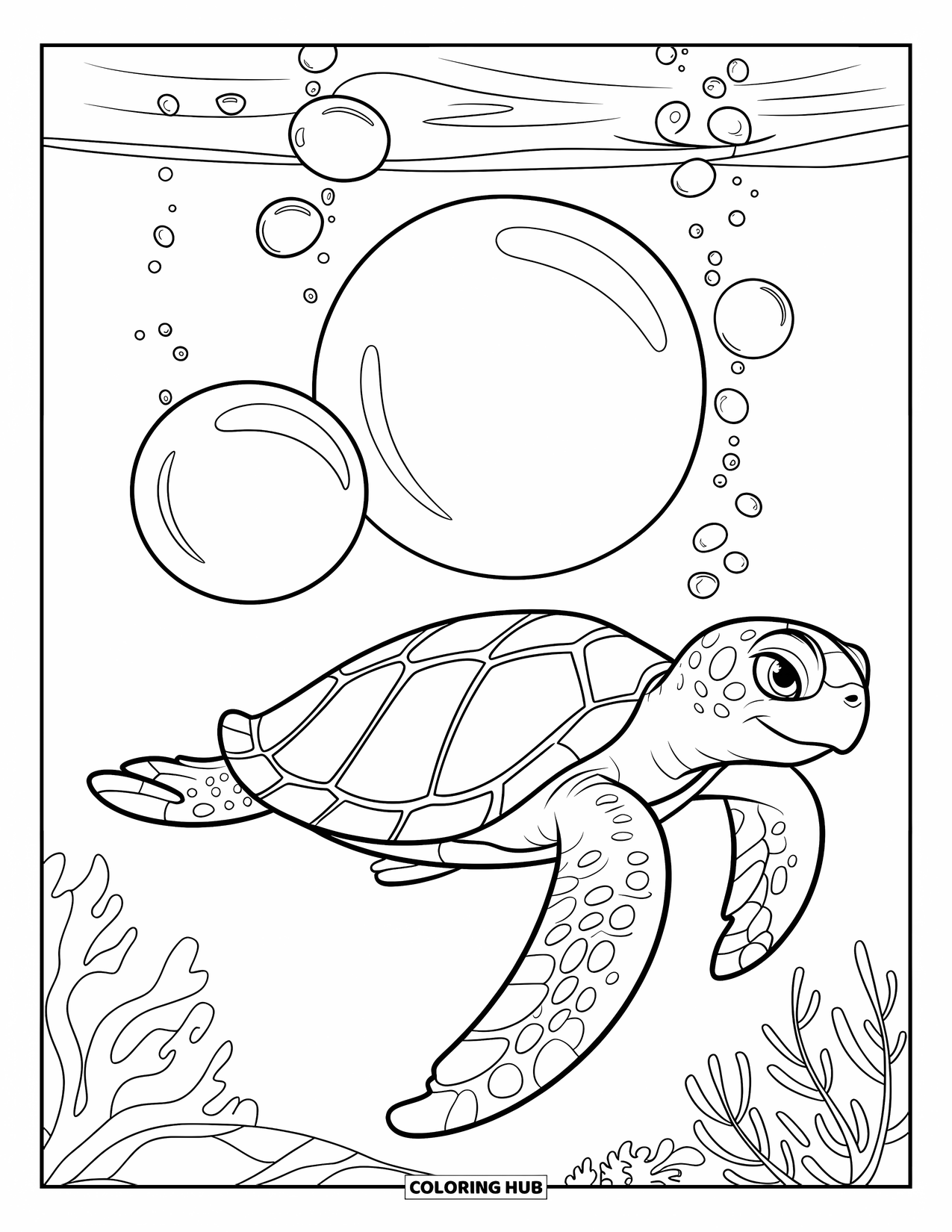Bubble Coloring Page for Kids: Turtle floats past bubbles in a peaceful sea